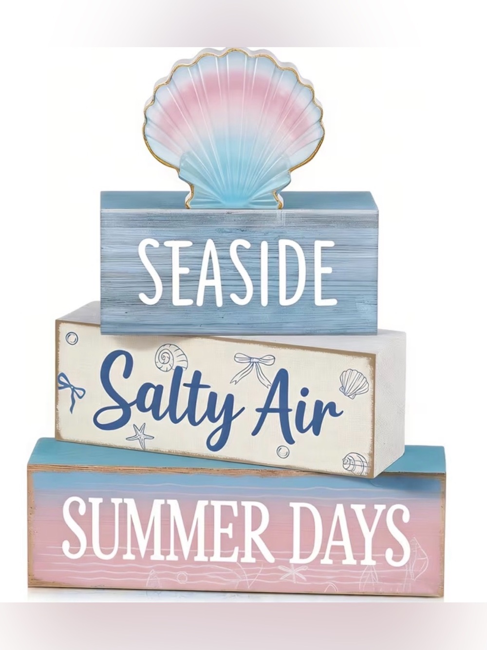 4 Piece Wooden Beach Theme Table Top Blocks ~ Ocean Beach Farmhouse Rustic Decor